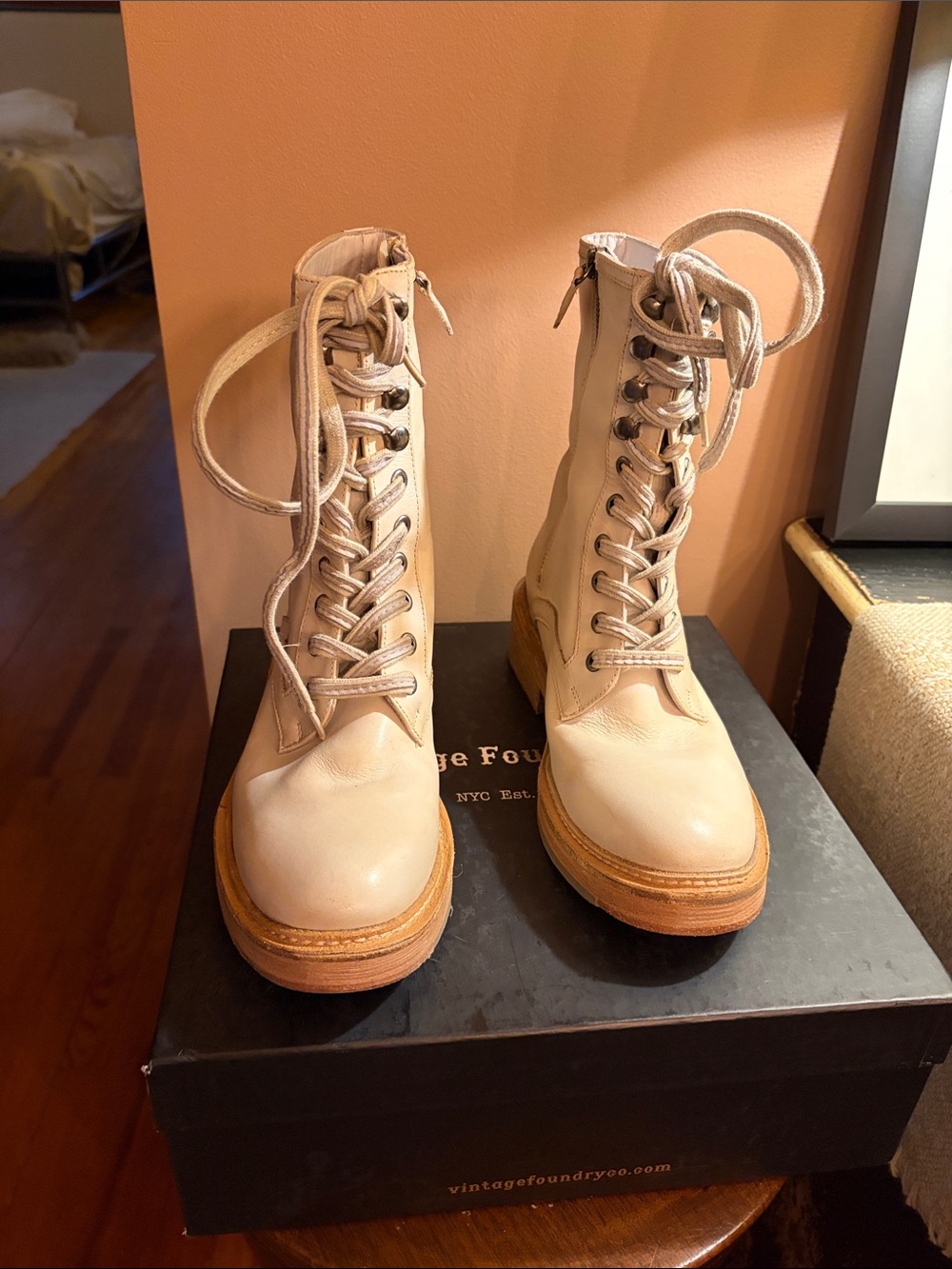 Cream Lace-Up Women's Combat Boots with Tan Stacked Sole